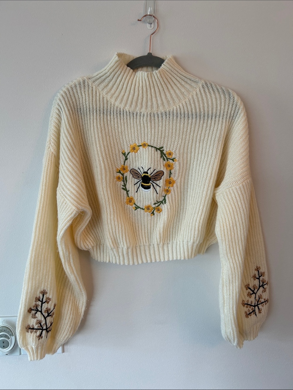 Cream Embroidered Bee Mock Neck Cropped Sweater